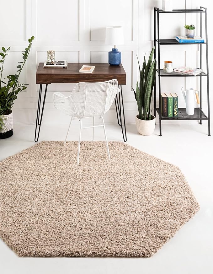 Unique Loom Solid Shag Collection Area Rug (4' Octagon, Taupe)