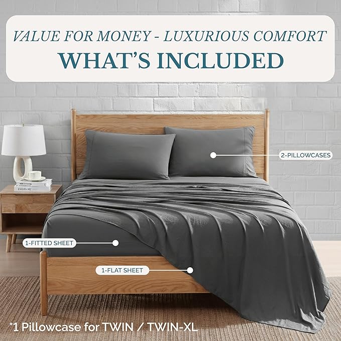 Casa Platino Charcoal Full Size Sheets, Pre-Washed Bed Sheet Full Ultra Soft & Breathable Full Bed Sheets Set, Brushed Premium Microfiber Full Sheet Set with Deep Pockets, Full Bed Set - Charcoal