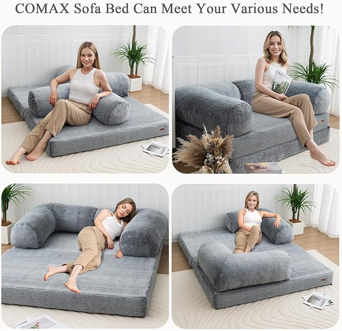 COMAX 4-in-1 Futon Sofa Bed, Queen Size Foldable Couch with L-Shaped Armrests, Convertible Sleeper Chair Bed, Comfortable Lounge Mattress for Living Room and Bedroom, Snow Grey