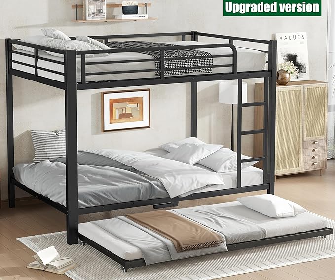 SIGONE Stronger & Safer Heavy Duty Full Over Full Bunk Bed with Twin Trundle for Adults Teens, Thickened More Stable Metal Bunkbed Frame (Greater Weight Capacity)