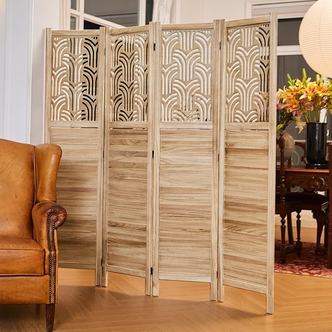 Svimi Folding Room Divider, 66.9 Inch 4 Panels Wood Carved Privacy Screens, Free Assembled Freestanding Portable Separation Wall for Home Office Bedroom (Natural)