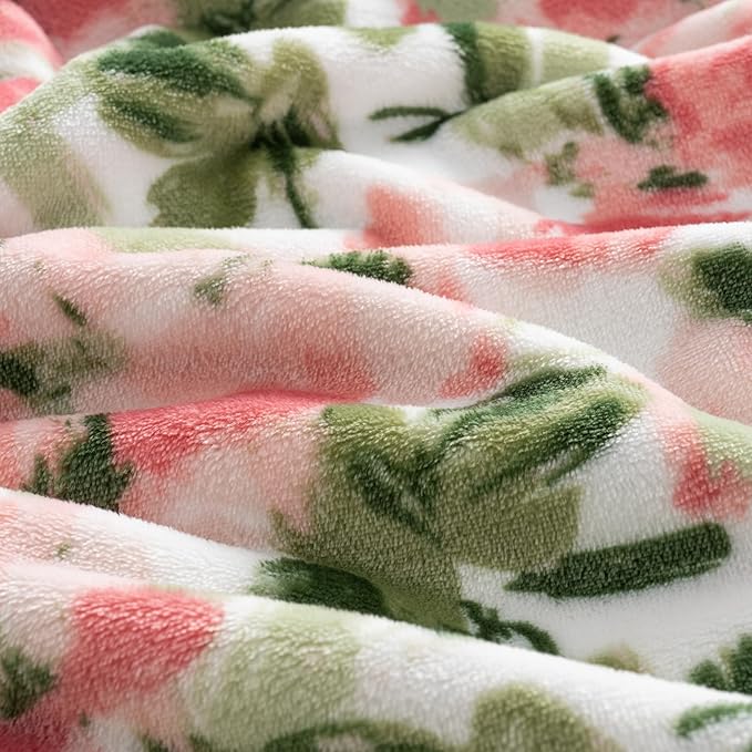 Luxury Printed Fleece Warm Blanket, Soft Lightweight Velvety Plush Throw for Couch and Bed, Cozy Comfy for All Seasons(Ivory Pink Flowers, 70×90 Inches)