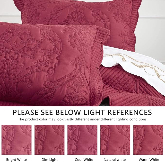CHIXIN Bedspread Coverlet Set Queen Size - Lightweight Bedding Cover - Beautiful Stitching - 5 Piece Reversible Bedspread - Gorgeous Damask Paisley Pattern (Queen, Wine Red)