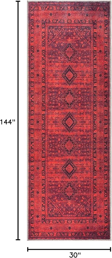 Bloom Rugs Washable Non-Slip 12 ft Runner - Red Traditional Bordered Runner for Entryway, Hallway, Bathroom, and Kitchen - Exact Size: 2.5' x 12'