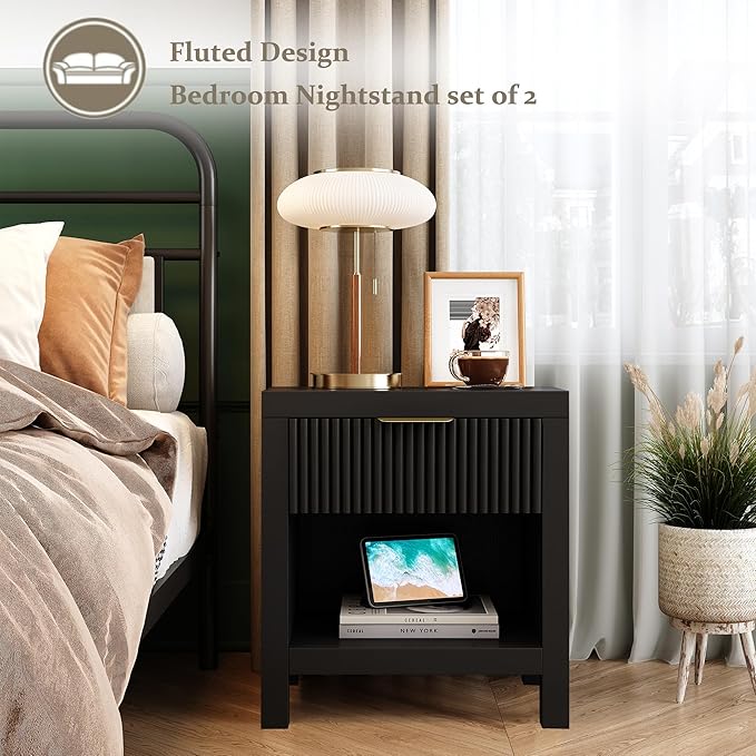 Nightstand Set of 2, Bed Side Table with Storage, Farmhouse End Table with 2 Drawers, Fluted Cabinet Bedside Cabinet for Bedroom Living Room Sofa Couch Office, Black Oak