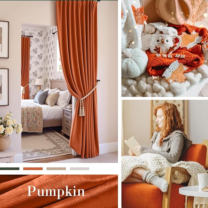 Lazzzy Velvet Blackout Curtains Thermal Insulated Room Window Drapes Super Soft Luxury Curtains for Living Room Bedroom Rod Pocket 2 Panels, Pumpkin, 52" W x 84" L