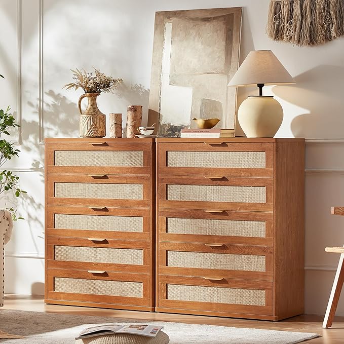 LEYAOYAO Dresser for Bedroom, 41" Tall Chest of Drawers, Modern 5 Drawers Boho Rattan Dressers with Storage, Dresser Wooden Closet Organizer for Living Room, Hallway, Tea Brown