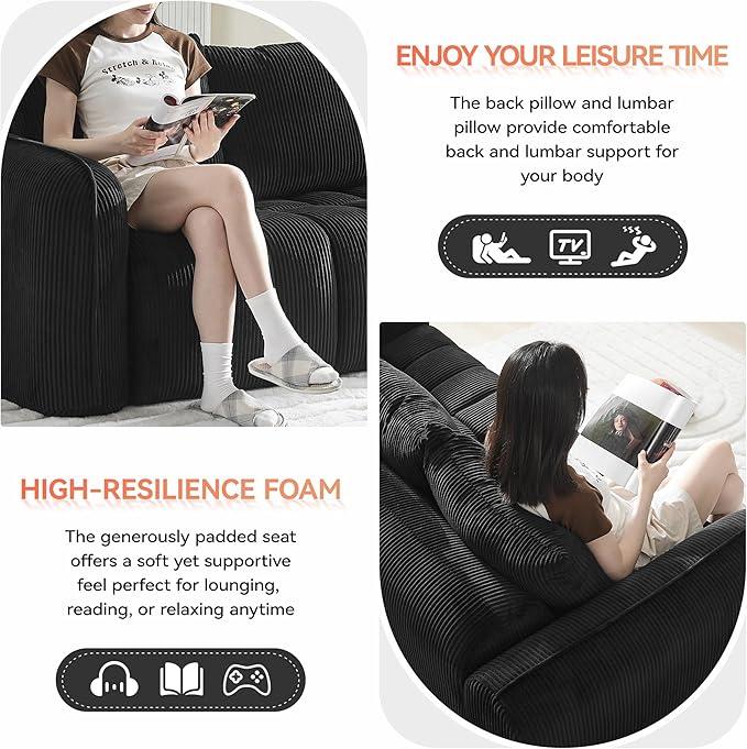 Boneless Living Room Sets, Modern Upholstered Loveseat with 2 Signle Sofa Chairs, Comfy Deep Seat Cloud Sofa Couch Sets for Living Room, Corduroy Black