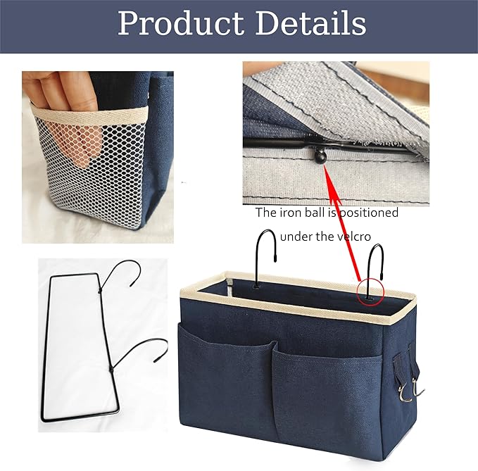 Someteth Bedside Caddy Bedside Hanging Storage Basket Multi-Function Organizer Caddy for Bunk and Hospital Beds Dorm Rooms Bed Rails, Can be Placed Glasses Books Mobile Phones（Navy Blue）