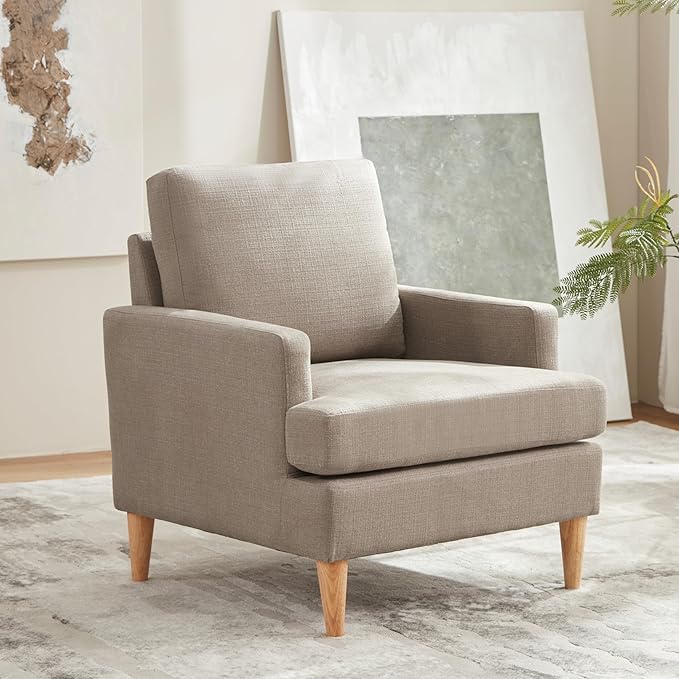 VKNOW Mid-Century Accent Chair, No Tools Assembly Required, Modern Upholstered Polyester Armchair for Living Room,Comfy Reading Accent Chairs with Wood Legs for Bedroom, Brown