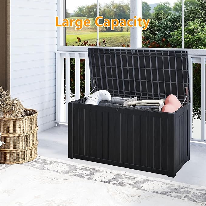 180 Gallon Outdoor Storage Box Waterproof, Resin Deck Boxes with Lockable Lid & UV-Resistant for Patio, Pool, Garden Furniture Cushions & Accessories, Black