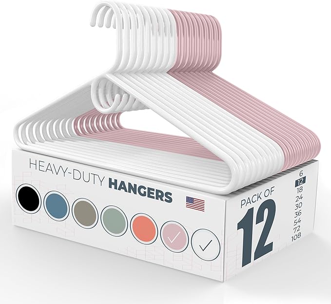 Neaties Heavy Duty Clothes Hangers 12 Pack – Made in The USA – 8lb Capacity Plastic Hangers for Adult Clothing – Durable for Pants, Coats, Jackets, or Jeans – White & Pink