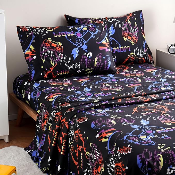 JSD Black Gaming Sheet Set Full Size, 4 Piece Soft Kids Boys Printed Microfiber Bed Sheets Deep Pocket