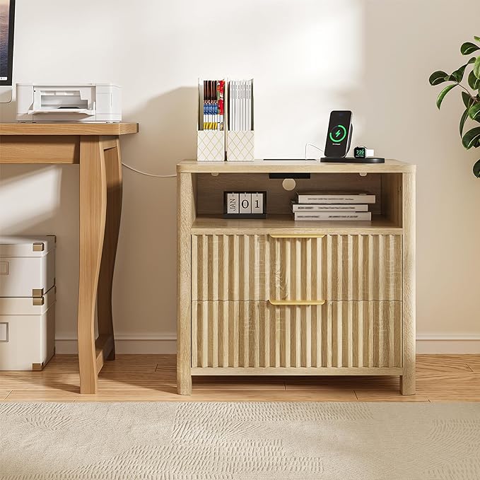 CypBed NightStand Set of 2 with Charging Station, Bedside Tables with 2 Drawers & Storage Shelf, Wood Fluted Nightstand with Rounded Corner Design, Modern End Table for Bedroom, Easy Assembly