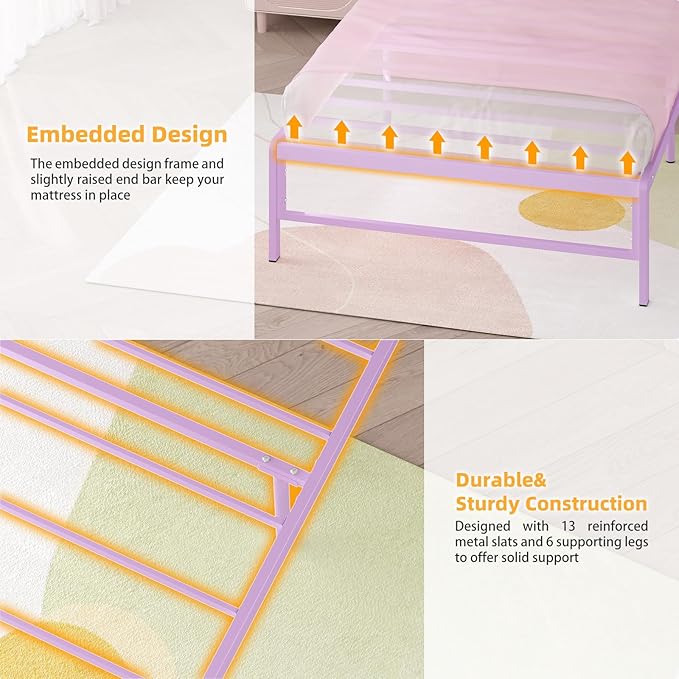 Twin Bed Frames with Charging Station, 2 Tiers Storage Headboard Twin Sized Bed No Box Spring Needed Heavy Duty Metal Platform for Girls, Purple
