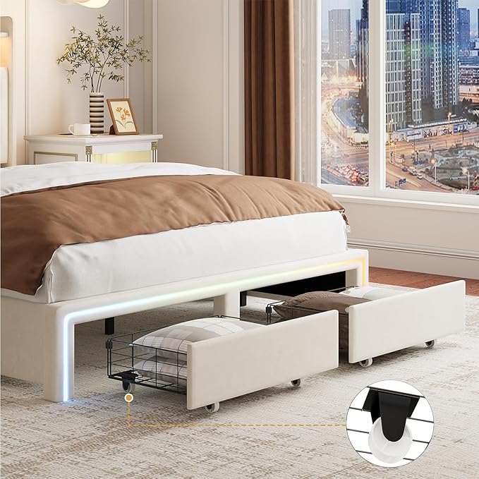 Full LED Bed Frame with Storage Headboard & Charging Station, Velvet Fabric Platform Bed Frames with 4 Drawers, Button Tufted Upholstered, No Box Spring Needed, Beige