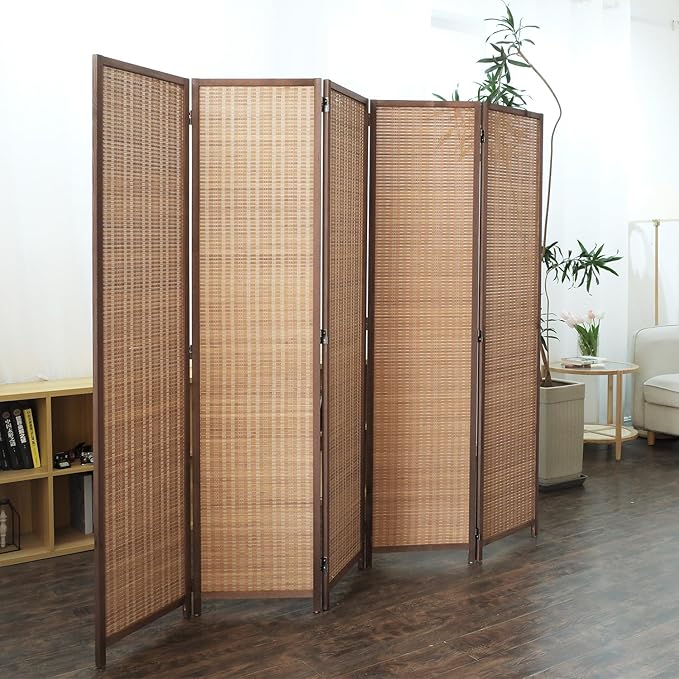 Furnnylane 5 Panel Bamboo Room Divider and Folding Panel Screen,Bamboo Panel Divider for Room Separation,Brown,67" H x 76.75" W