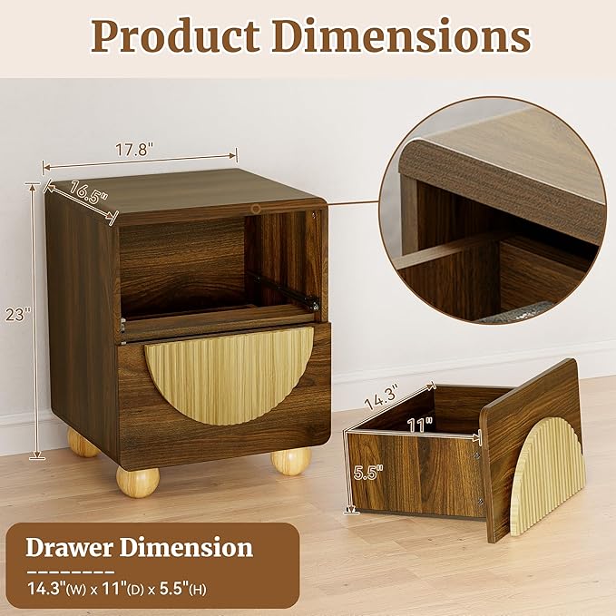 23" Fluted Nightstand with Solid Wood Legs, Modern Style Walnut Bedside Table with Round Moon Handle & Storage, Mid Century Cute Night Stand for Bedroom, Side Table, End Table