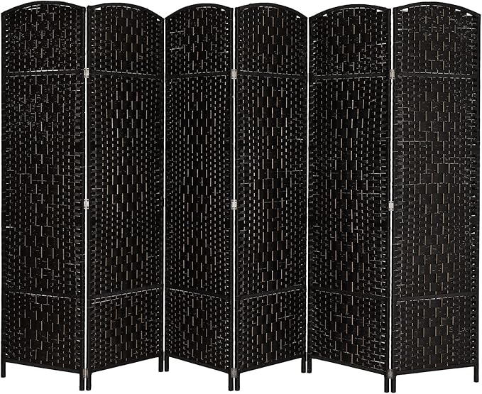 VINGLI 6-Panels Tall Rattan Room Divider, 6 FT Folding Privacy Screen, Indoor Partition Wall Dividers, Freestanding Hinged Space Separator (Black)