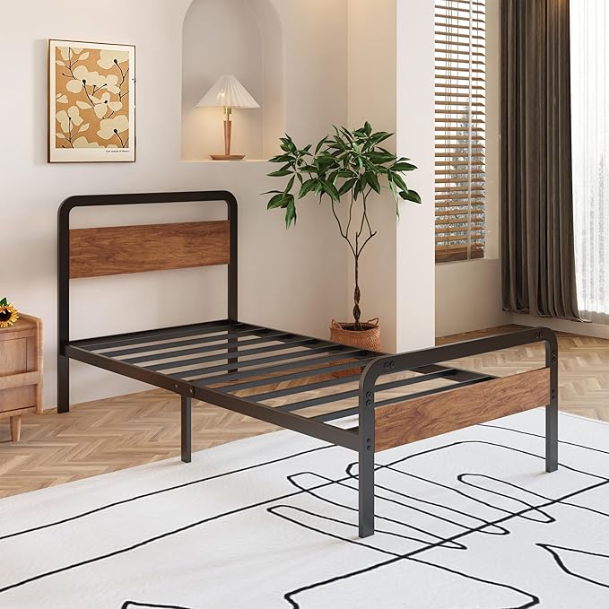 12 Inch Twin XL Bed Frames with Wooden Headboard and Footboard, No Box Spring Needed, Heavy Duty Metal Mattress Foundation, Noise Free, Easy Assembly, Black
