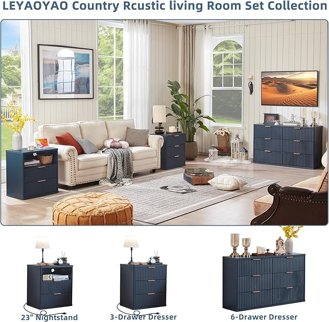 LEYAOYAO 48" Wide Fluted Dresser and 23" Nightstand Set of 2, Wooden Dresser & Night Stand with Charging Station, 3 Piece Bedroom Furniture Set, Chest of Drawer for Living Room,Blue