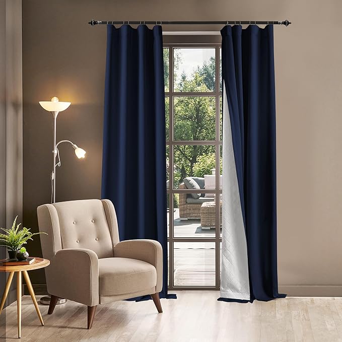 3-in-1 100% Blackout Curtains 120 Inches Long, Thermal Insulation, Soundproof Back Tab Drapes for Bedroom Living Room Sliding Glass Door, with Pin Hooks, Navy Blue 50x120 Inch 1 Panel