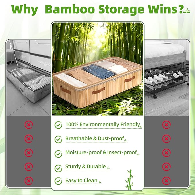Livole 2 Pack Bamboo Under Bed Storage, 6 inches Underbed Storage Containers, 56L XXL Under Bed Storage Bins with Clear Lid & Label for Clothes, Blankets, Sweater, Shoes