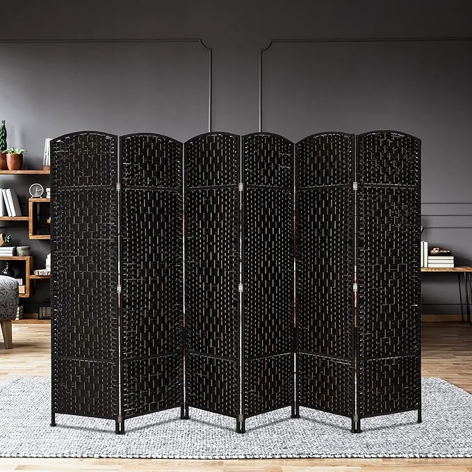 VINGLI 6-Panels Tall Rattan Room Divider, 6 FT Folding Privacy Screen, Indoor Partition Wall Dividers, Freestanding Hinged Space Separator (Black)