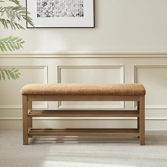 VKNOW Entryway Bench, 44.3” Upholstered Shoe Bench for Bedroom, 2-Tier Storage End of Bed Bench with Rubberwood Legs for Living Room, Hallway, Orange