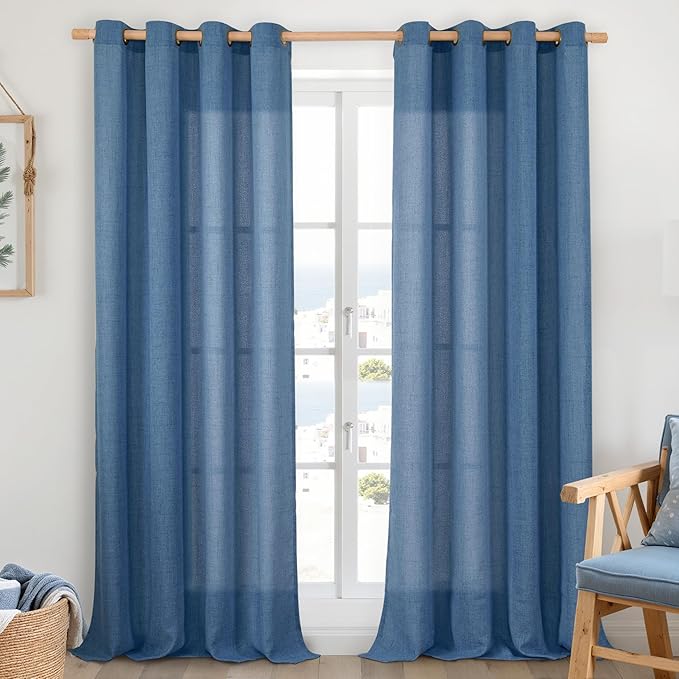 YoungsTex Navy Blue Linen Curtains 95 Inch Length for Living Room, Light Filtering Semi Sheer Drapes with Bronze Grommet Privacy for Bedroom Decorative, 52 x 95 Inch, 2 Panels