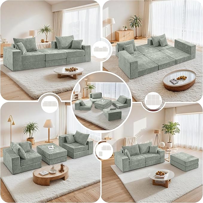 Boneless Sectional Loveseat Couch with Ottoman, Convertible Modular Floor Sleeper Sofa Bed, Comfy Foldable Compression Love Seat Sofa for Living Room, No Assembly, Green