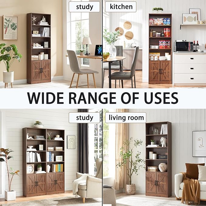 RWYHG 70in Tall Bookshelf 6 Tier Bookcase with Barn Doors and Adjustable Shelf, Brown Farmhouse Book Shelves with Storage Cabinet,Wood Floor Standing Display Bookshelve for Bedroom,Living Room,Kitchen