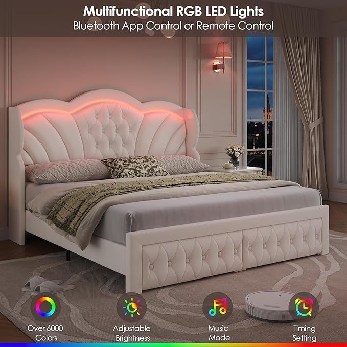 Keyluv Full Bed Frame Arc-Shaped LED Lights and 47.2" Height Wingback Bed, Button Tufted Headboard and Footboard with Storage Drawer, Velvet Upholstered Platform Bed Frame No Box Spring Needed, Beige