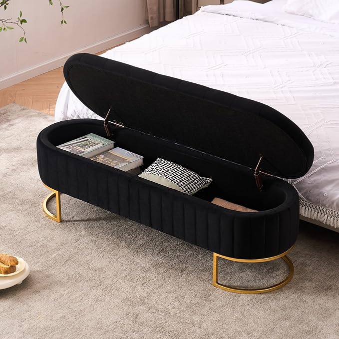 Velvet Storage Bench for Bedroom, Modern Tufted End of Bed Bench for King Size Bed, Upholstered Long Ottoman Bench with Gold Legs for Living Room/Entryway (Black, 55" Wide)