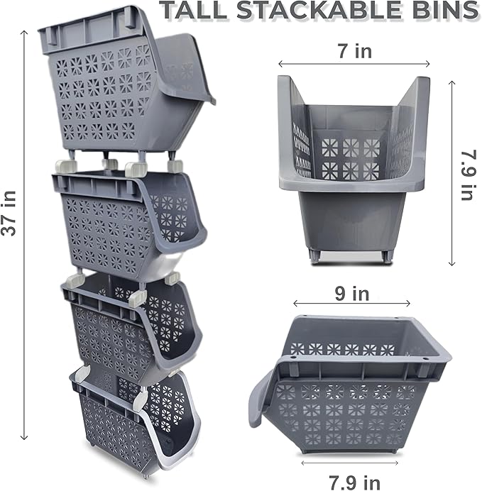 TidyFriend 4 Tier Stackable Storage Bins for Pantry with Wheels, Stackable Bins for Organizing Food, Kitchen, and Bathroom Essentials (Grey)
