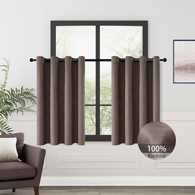 ChrisDowa 100% Blackout Brown Solid Curtains 45 Inches Long 2 Panels for Bedroom Living Room,Farmhouse Room Darkening Thermal Insulated Soundproof Grommet Top Window Treatment Drapes,52x45