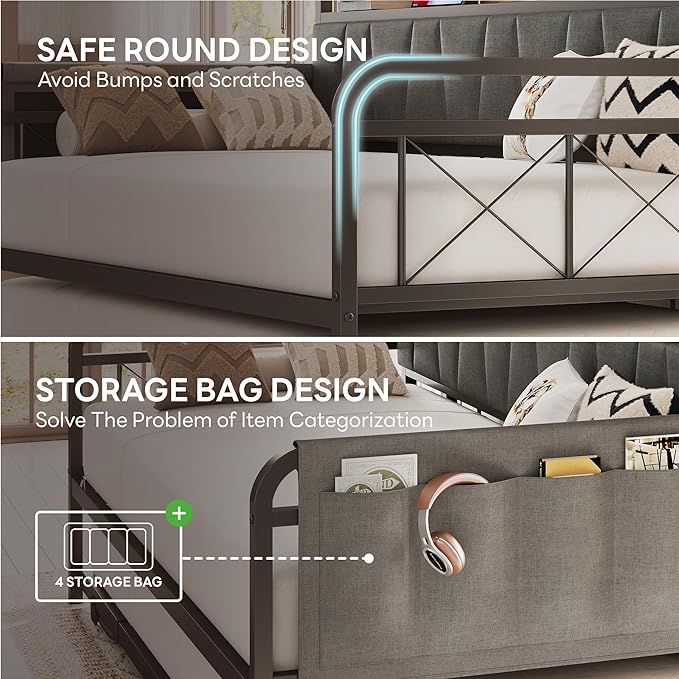 LIKIMIO Daybed with Trundle Bed, Twin Bed Frame with Storage Headboard and Charging Station, Sofa Day Bed with Strong Supports for Living Room, Bedroom, and Guest Room, Grey