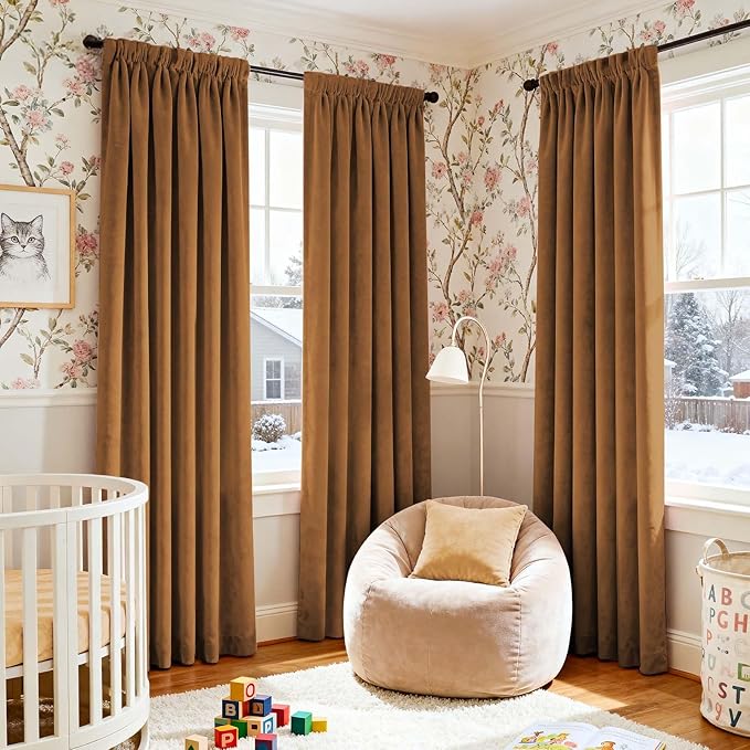 Lazzzy Velvet Blackout Curtains Thermal Insulated Room Window Drapes Super Soft Luxury Curtains for Living Room Bedroom Rod Pocket 2 Panels, Gold Brown, 42" W x 84" L
