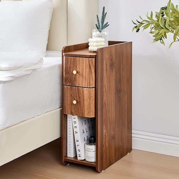 Narrow Nightstand Set of 2, Wooden Small 2 Drawer Nightstand, Slim Side End Table, Skinny Bedside Table, Mid Century Modern Night Stand with Drawers, for Bedroom (Walnut-2pcs)