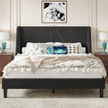 VECELO Queen Bed Frame with Upholstered Wingback Headboard, Heavy-Duty Platform Bedframe with Charging Station, Wooden Slats, No Box Spring Needed, Grey