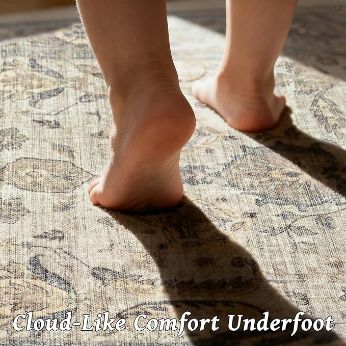 Washable 3x5 Entryway Rug, Boho Non-Slip Vintage Distress Small Rugs for Kitchen Nursery Office Bedroom, 0.3" Neutral Oriental Throw Thin Carpet with Cushioning Pad, Flaxen/Brown/Multi