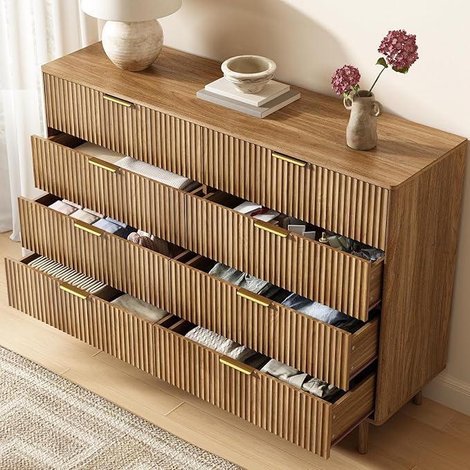 CARPETNAL Fluted 8 Drawer Dresser for Bedroom, 55" Wide Wooden Chest of Drawers with Rounded Corners, Gold Handles, Modern Storage Organizer for Bedroom, Hallway(Walnut)