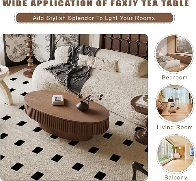 Oval Coffee Table with Storage, Modern Walnut Coffee Table with Solid Wood Veneered, Fluted Center Table Wood Drum Tea Table for Living Room Apartment, 47.2''L×23.6''W×14.2''H