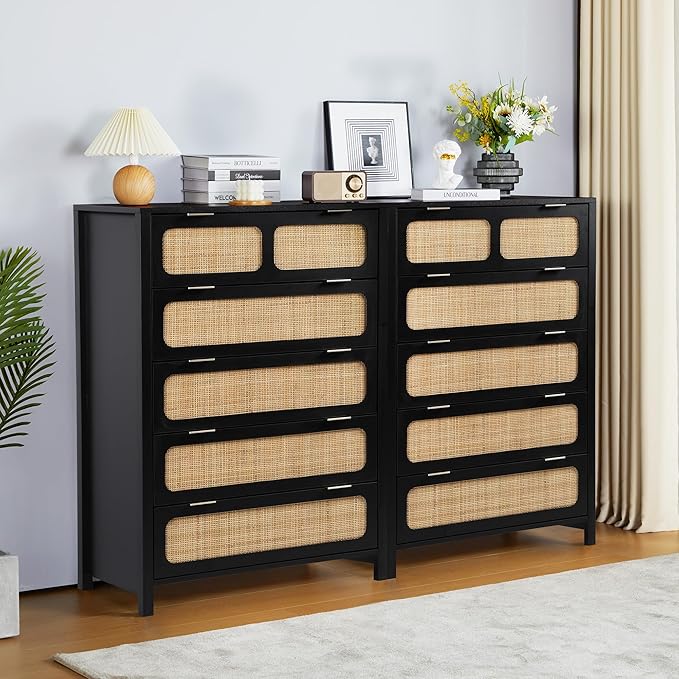 LEVNARY 5 Drawer Chest Dresser, Rattan Tall Dresser 5 Chest of Drawers Dressers for Bedroom, Wooden Storage Cane Cabinet with Metal Handles for Living Room Hallway (Black)