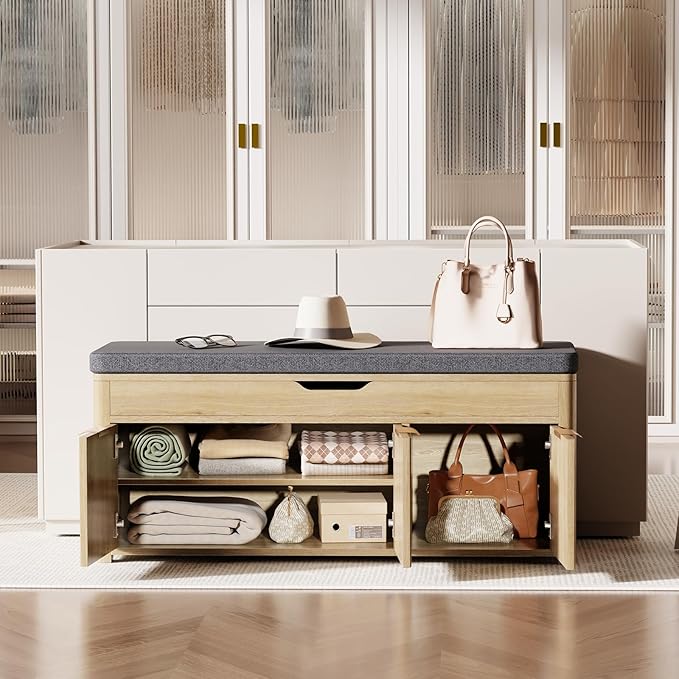 Shoe Bench with Storage - Lift Top Entryway Bench with Hidden Storage, Shoe Rack with Adjustable Shelves and Cushioned Seat, Wooden End of Bed Bench for Bedroom, Living Room and Hallway,Nature