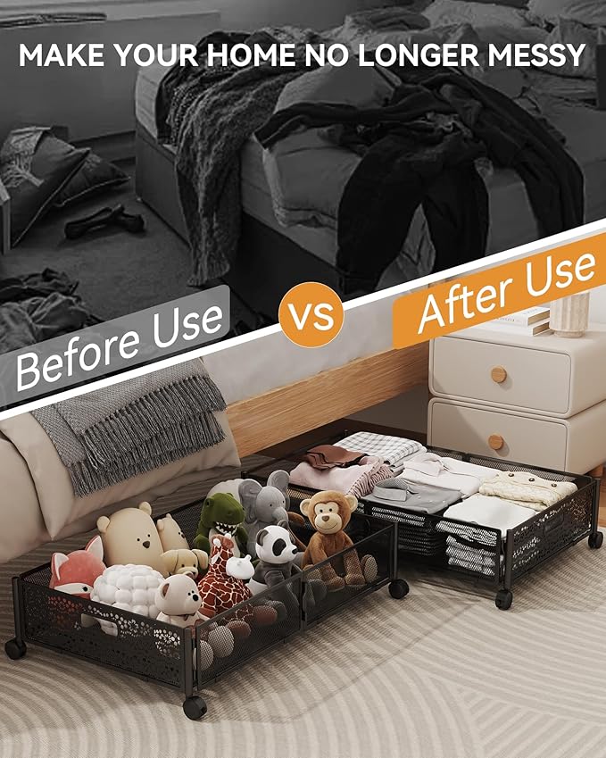 Under Bed Storage with Wheels, Foldable Pattern Carved Metal Under The Bed Storage, Tool-Free Assembly Under Bed Organizer, 60L Underbed Storage for Bedroom Clothes Blankets Shoes Toys-4 Pack