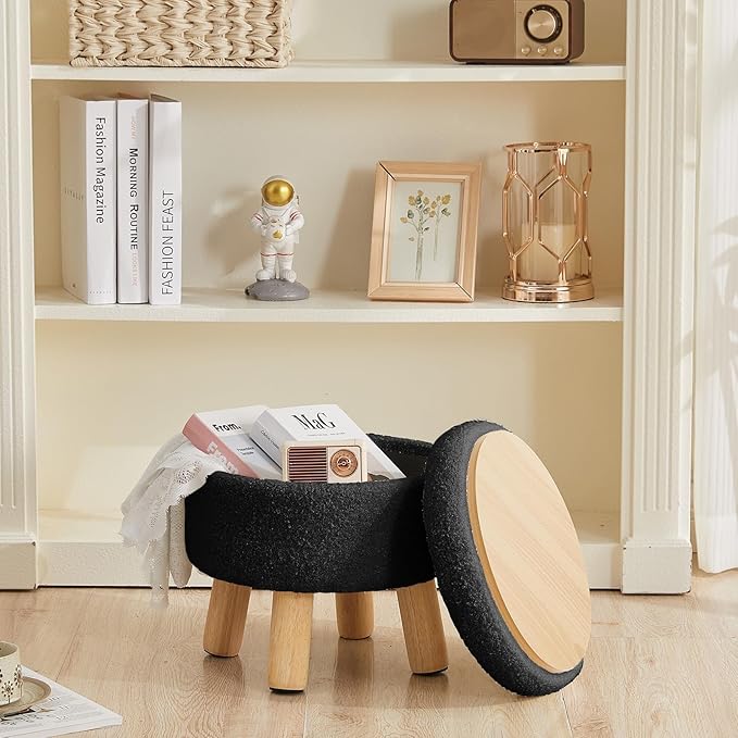 FIMIVIBI Small Foot Stool Ottoman with Storage, Sherpa Ottoman Foot Rest for Couch, Round Footstool with Storage, Small Ottomans and Footstools for Living Room and Entryway (Black)