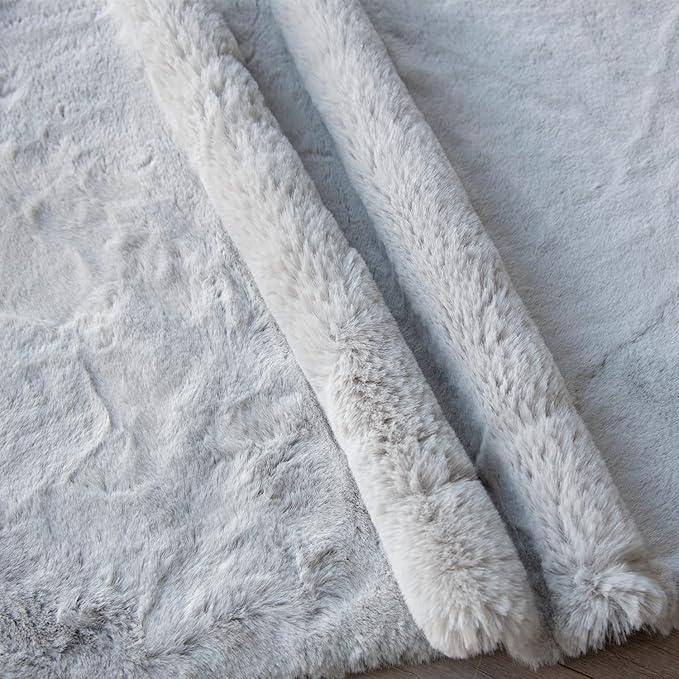 Washable Furry 5ft Round Area Rugs for Living Room Bedroom Light Grey Circle Faux Rabbit Shaggy Fur Rug Teen Room Décor