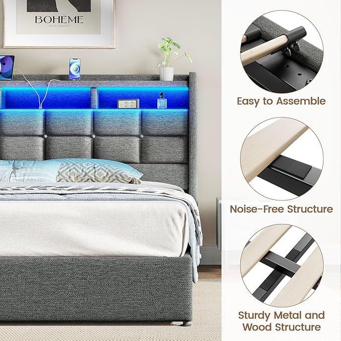Lift Up Full Size Bed Frame with Storage, Upholstered Full Bed Frame with LED Lights Headboard and Charging Station, No Box Spring Needed, Easy Assembly - Light Grey