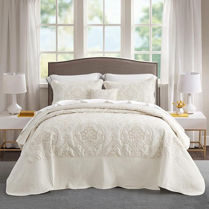 CHIXIN Oversized Bedspread Coverlet Set King Size - Lightweight Bedding Cover - Beautiful Stitching - 5 Piece Reversible Bedspread - Gorgeous Damask Paisley Pattern (King, Ivory-Yellow)